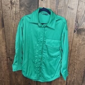 Zara Green Satin Button Up Shirt